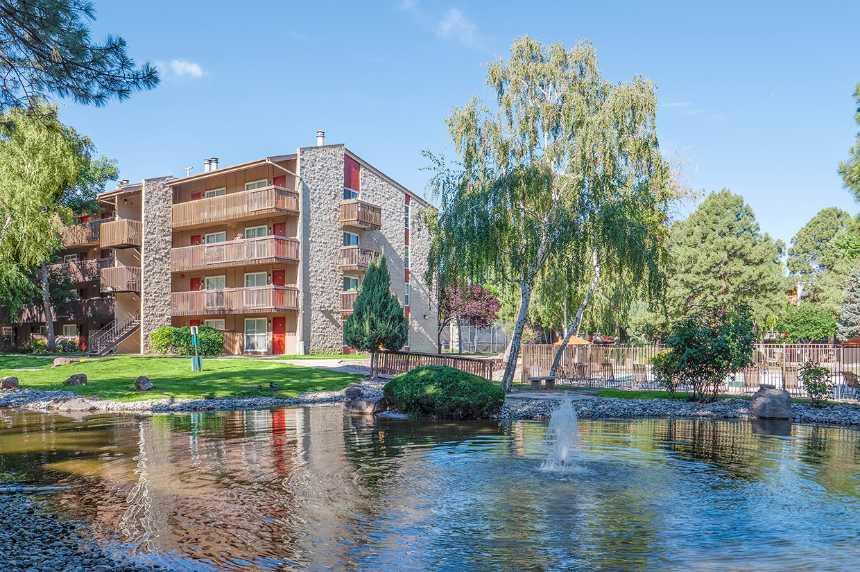 Looking across Pond at The Pearl Apartments